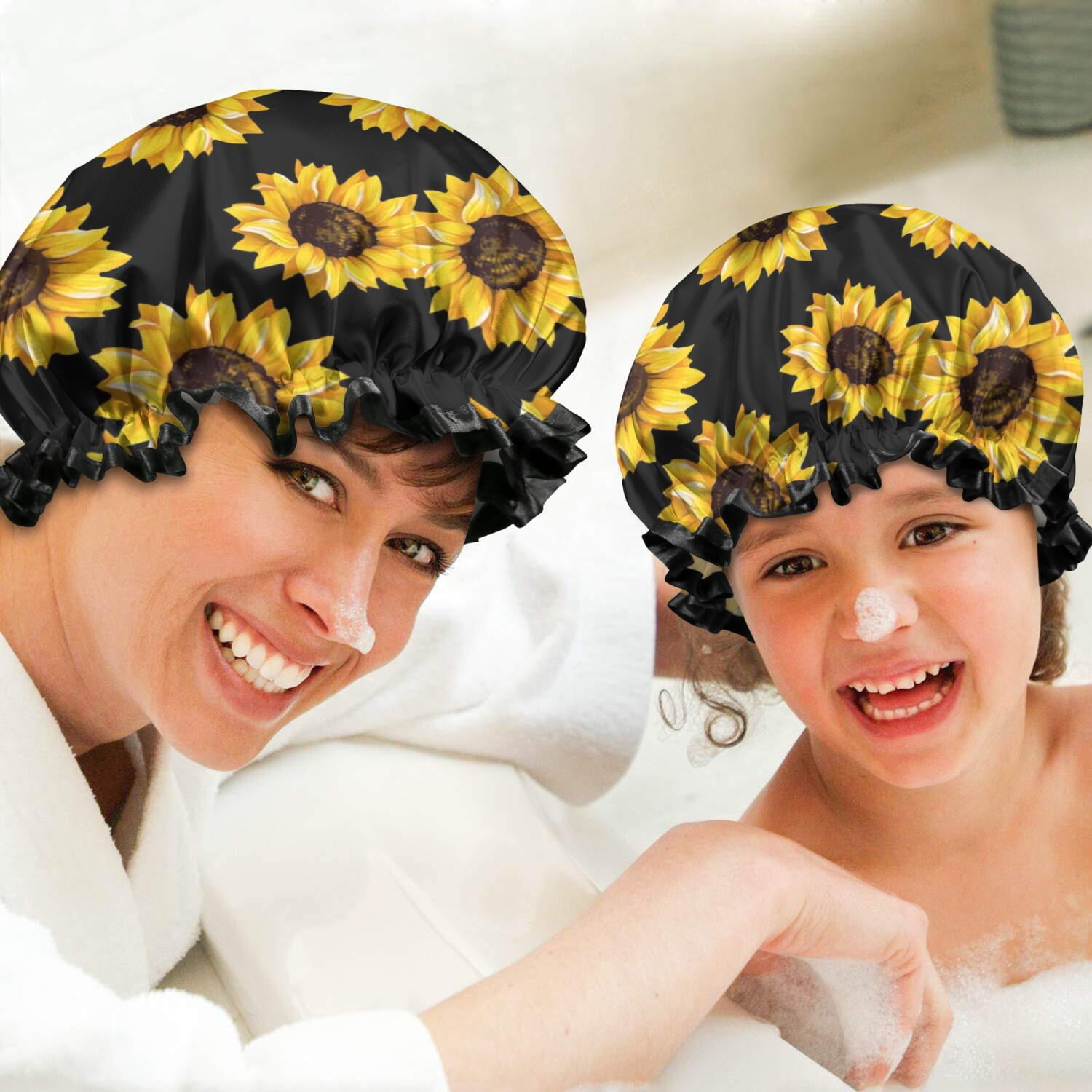 Shower Caps,Black Yellow Sunflower Pattern Waterproof Shower Cap for Women 4 Pieces,Double Reusable Hair Cover for Shower PEVA Elastic Stretch Hem