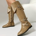 thumbnail image 2 of Knee High Motorcycle Riding Boots for Women Vintage Buckle Low Heel Mid Calf Combat Work Tall Boots, 2 of 7
