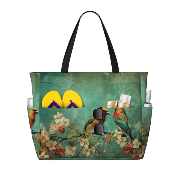 Easygdp Retro Birds Bolsa de Viaje de Playa de Gran Capacidad, Bolsa Tote Perfecta para la Playa, Escapadas de Fin de Semana y Viajes