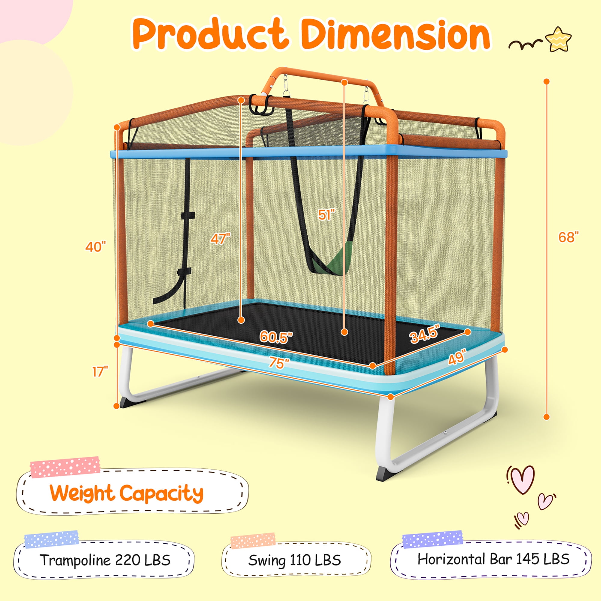 Gymax 3-in-1 6FT Rectangle Kids Trampoline w/ Swing Horizontal Bar & Safety Net Outdoor Orange