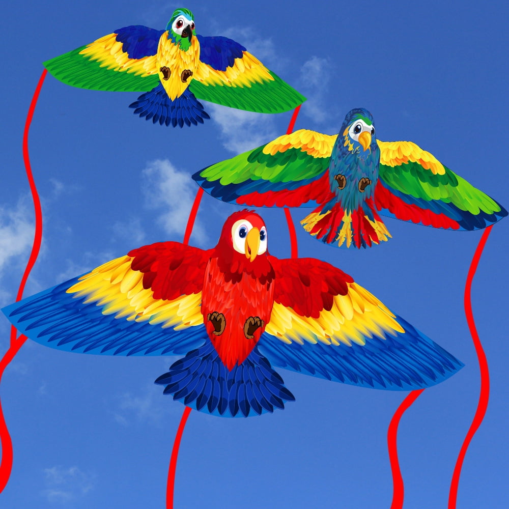 NFTIGB 3-Piece 3D Parrot Kite Set for Kids and Adults Large Colorful Flying Toys for Outdoor Beach Park Games Multi-color Animal Kites with String and Handle Easy to Fly Fun Family Activity Summer