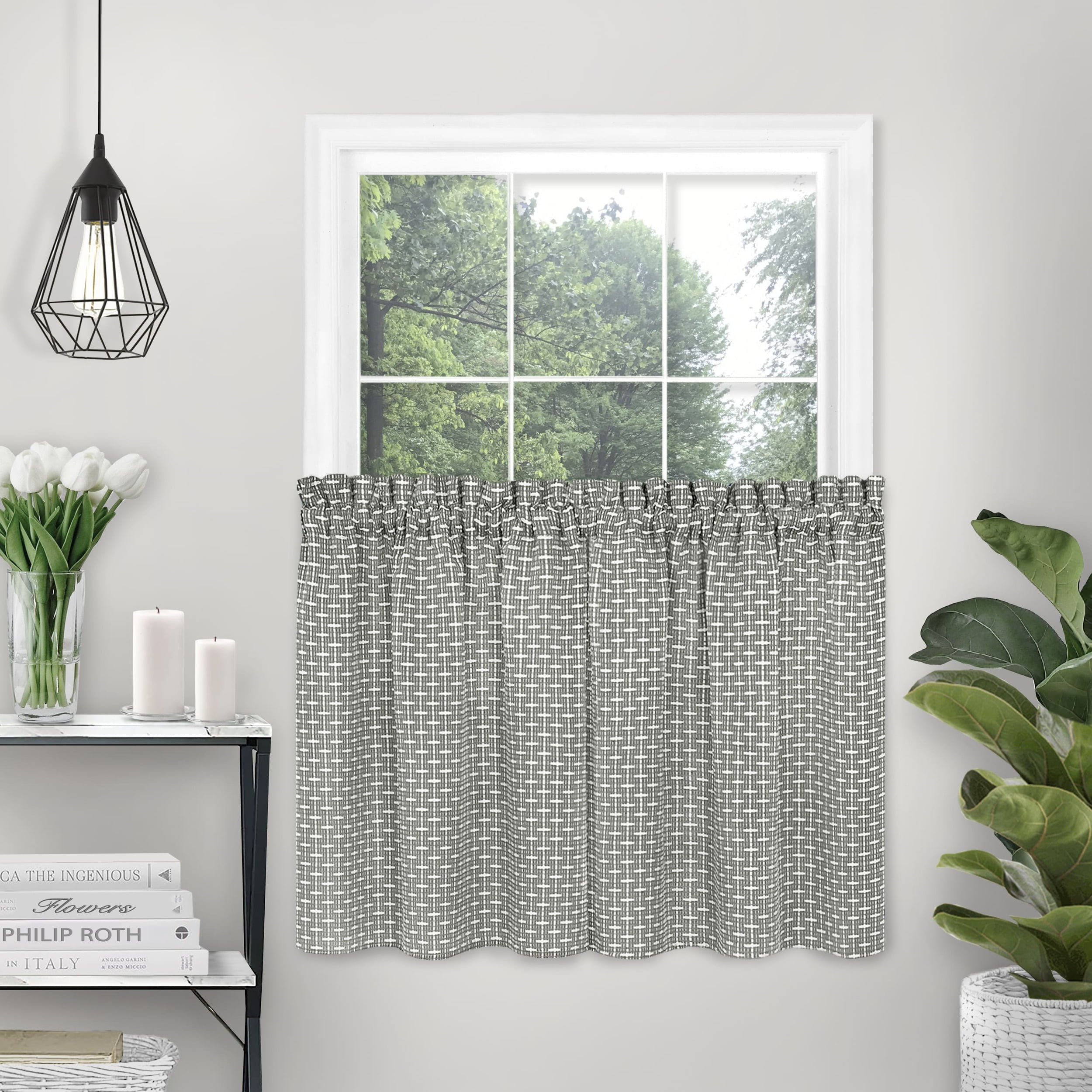 Achim Bedford Rod Pocket Light Filtering Curtain Tier Pair, Grey, 58" x 36"