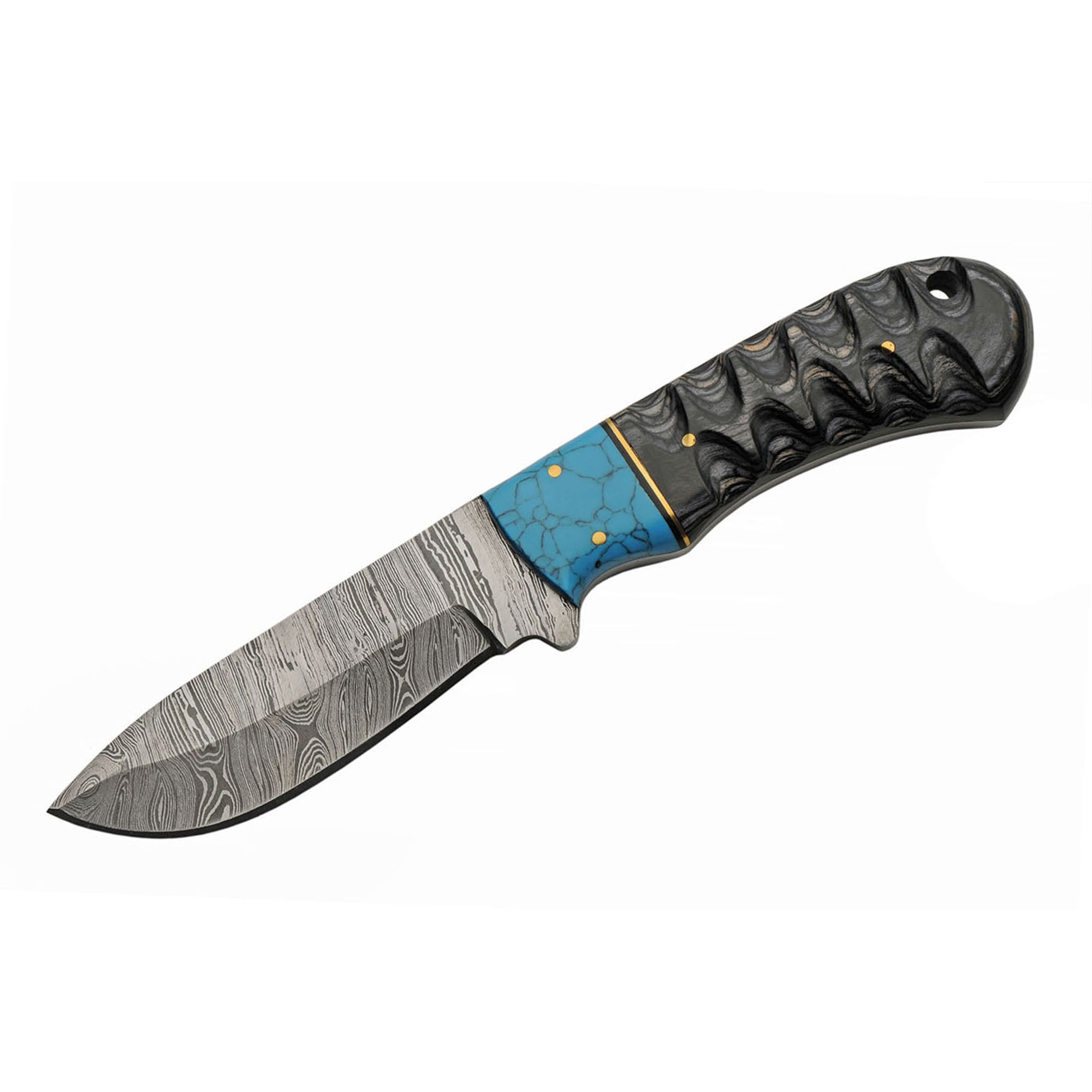 SANZ 8" Full Tang Hunting Knife with Damascus Style Blade, Black Wood Handle, Brass Pins and Leather Sheath Included
