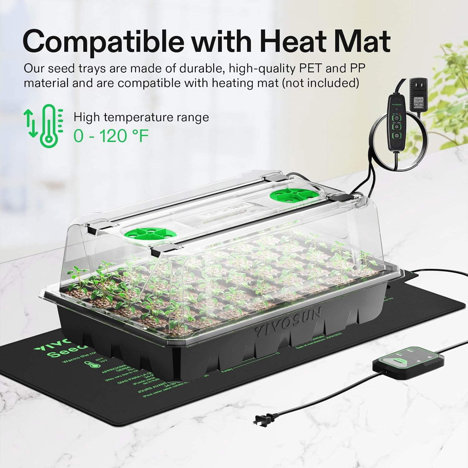 VIVOSUN 6-Pack Seed Starter Trays, 240-Cell Seed Starter Kit with 2 Set of LED Lights, 3.6" Higher Cover, Adjustable Vents,Green Propagation Tray for Planting Seed, 40 Cells x 6 Pack
