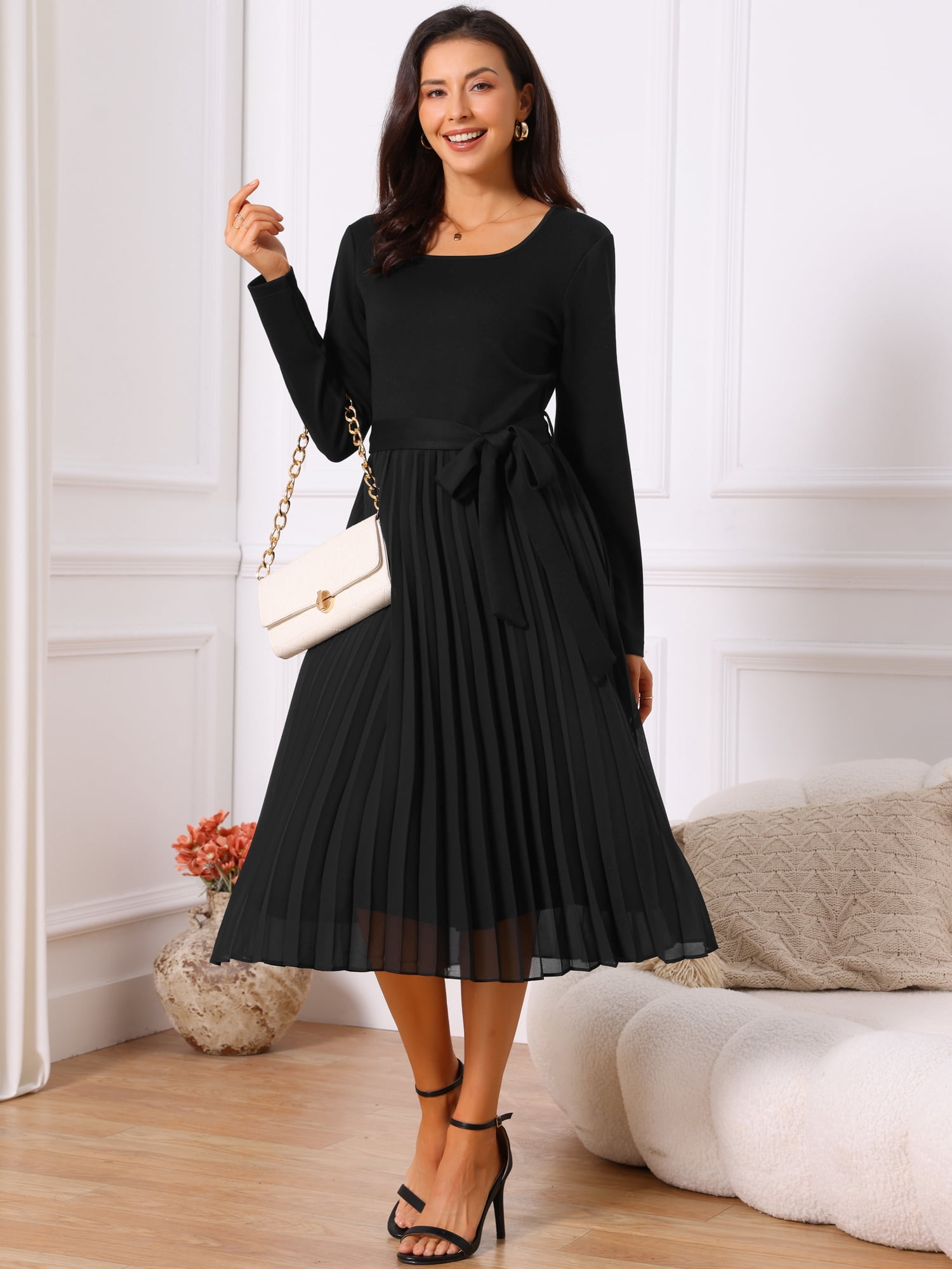 DARING DIVA Women's Pleated Crewneck A Line Flowy Long Sleeve Dress L Black