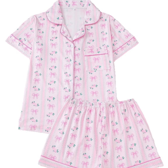 DHFJKG Womens Pajama Sets Bow Short Sleeve Nightwear Button Down Collared Top And Shorts Two Piece Set Sleepwear Relaxed Fit Home Clothes