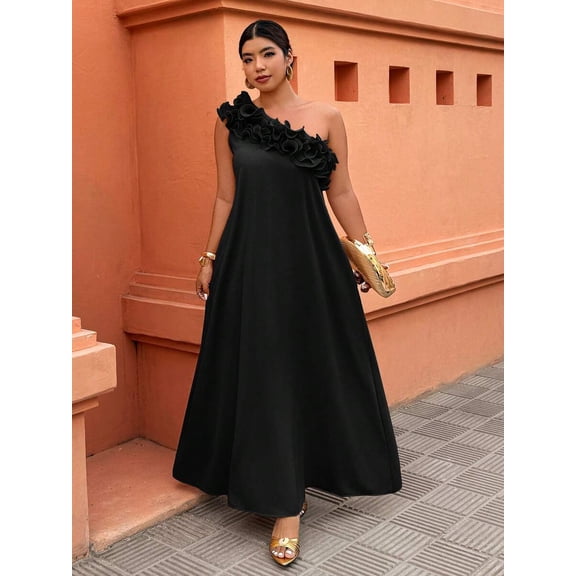 Black Asymmetrical One-Shoulder Ruffle A-Line Maxi Dress For Women