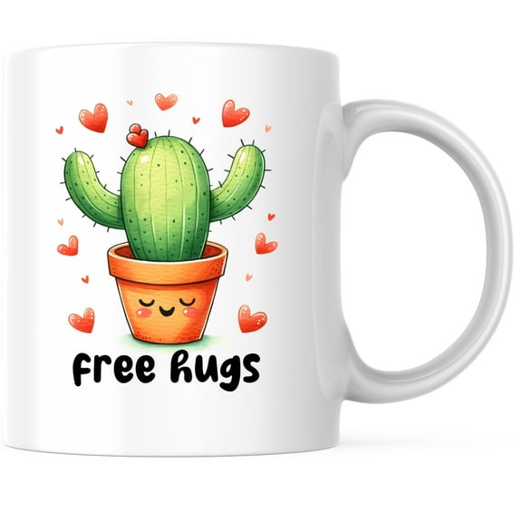 Bliss Monkey Co. Free Hugs Cute Cactus Coffee Mug - Funny Punny Sarcastic - 11 Ounce Coffee Mug - Design Printed On Both Sides - Glossy Ceramic - Microwave & Dishwasher Safe - BMCM01379