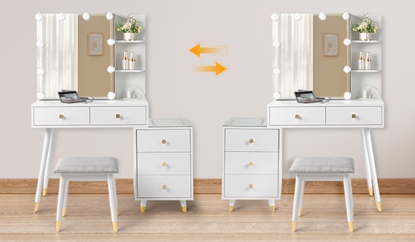Ktaxon 3 Color Lighted Vanity Table Set, Makeup Table with LED Nightstand, Dressing Table with USB Charging Station, for Women, Female Bedroom, White