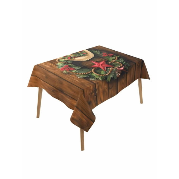 Rectangle Tablecloth 60 x 84 Inches Western Christmas Star Cowboy Hat Garland Wood Grain Waterproof & Stain Resistance Table Cloth Decorative Fabric Table Cover for Dinning/Party/Buffet/Banquet
