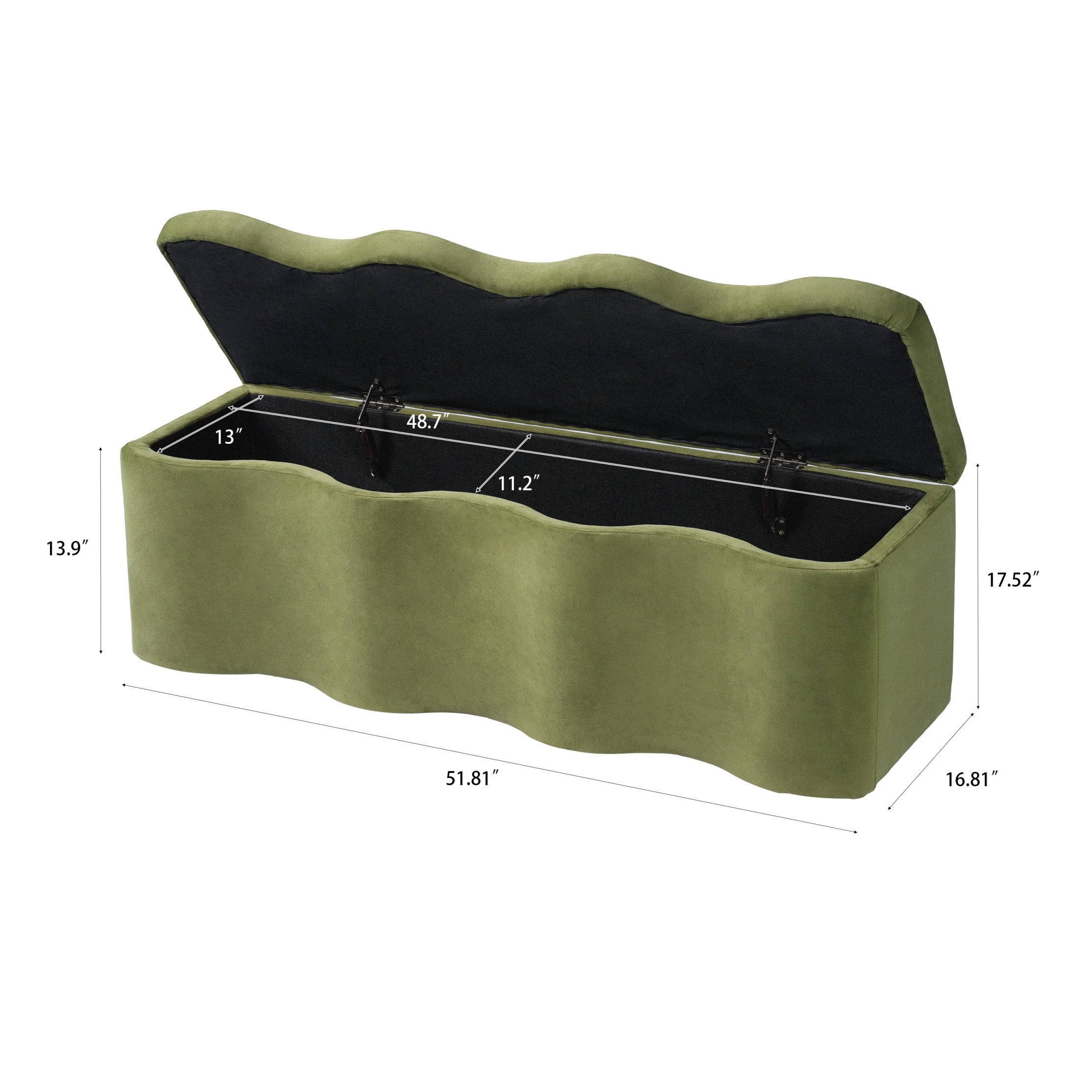 Christopher Knight Home 51.8" Wave Curved Storage Ottoman, Modern Velvet Bench, Olive Green