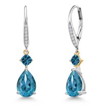 Gem Stone King 925 Silver and 10K Yellow Gold London Blue Topaz and White Lab Grown Diamond Earrings for Women | 5.67 Cttw | GemstoneNovember Birthstone | Pear Shape 10X7MM