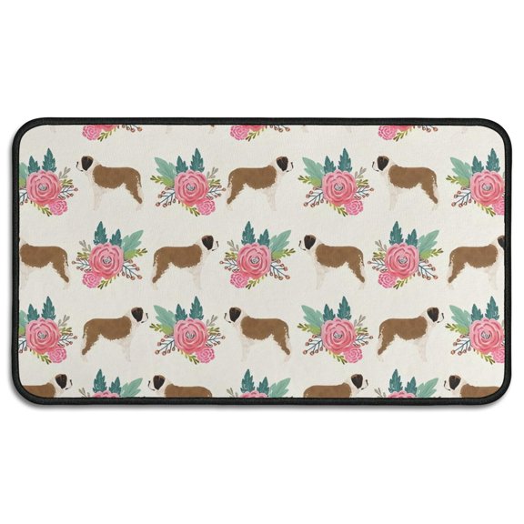 Saint Bernard Dog Breed and Flower Floral Door Rugs,Washable Non Slip Door Mats Indoor,Decorative Door Mats,Entry Mat Indoor for Entrance,Bedroom,Kitchen,Bathroom,30"x17"