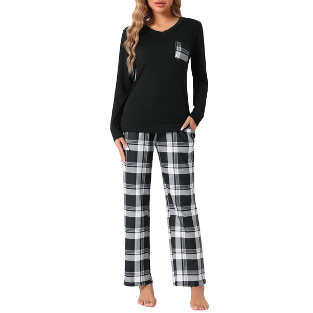 Conjunto de pijamas de mujer INSPIRE CHIC de manga larga, pijamas de cuadros suaves, conjuntos de lounge con bolsillos, L negro