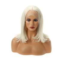 Unique Bargains Lace Front Wigs for Women 12" White Medium Long Straight Bob with Wig Cap