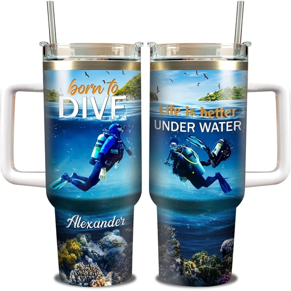 Personalized Scuba Diving Coffee Tumbler 40oz with Handle and Straw Customized Name Insulated Travel Cup Tumblers Gifts for Diver Divers Men Women Husband On Birthday Christmas