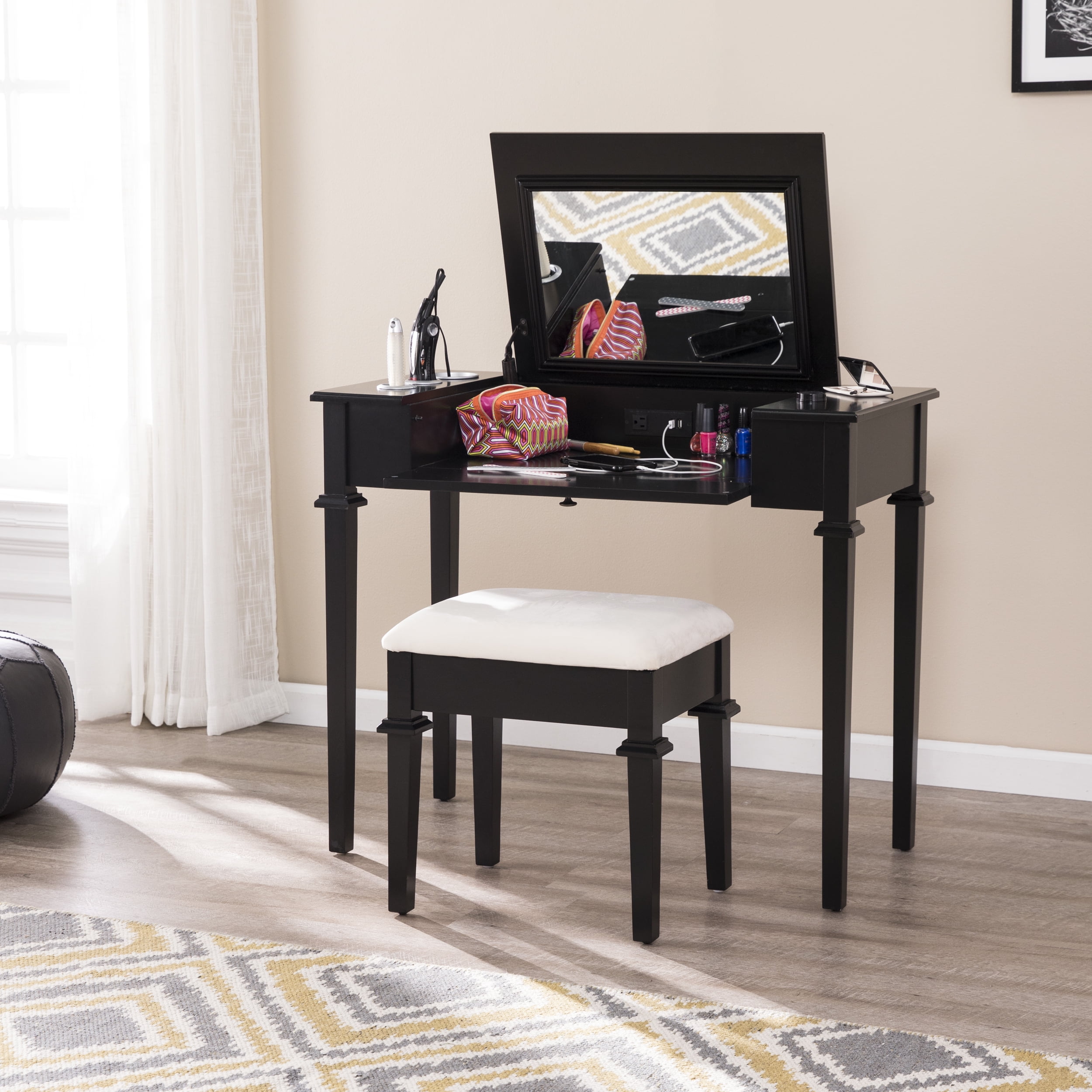 Delwich Powered Vanity Desk w/Stool Black