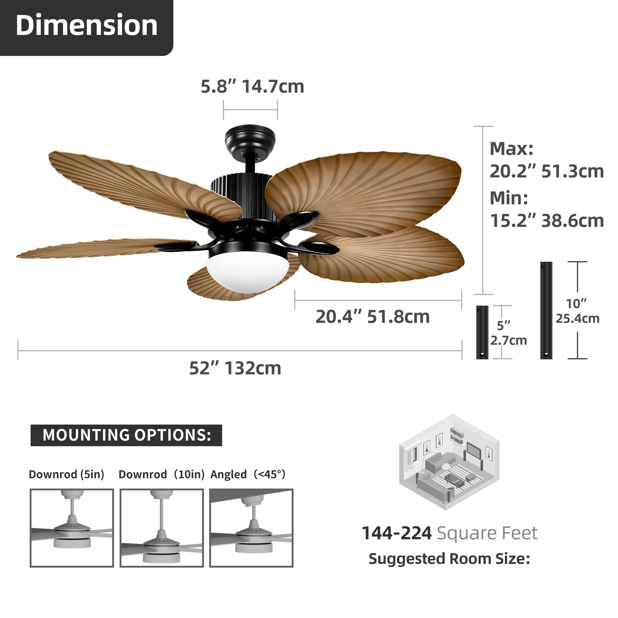 Uforic 52" Tropical Ceiling Fan with Light and Remote,5 Palm Leaf Blades Energy-efficient ceiling fan