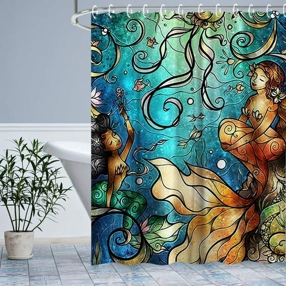 Mermaid Shower Curtain, Jellyfish Fabric Bathroom Curtains Set with Hooks Marine Ocean Animals Bathroom Decor Washable 72x72 Inches