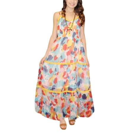 Gypsy Maxi - Mogul Bohemian Gypsy Chic Womens Maxi Dress Lace Work Colorful Shirred Waist Sleeveless Boho Dresses M