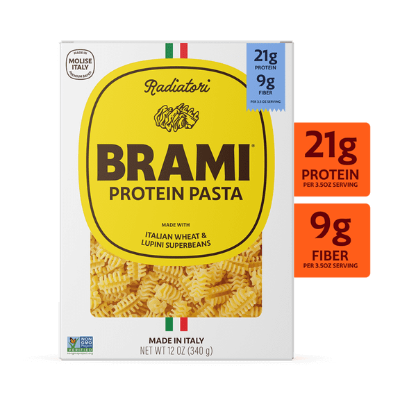Brami Radiatori High Protein Pasta, Made in Italy, 21g Protein, High Fiber, Durum Wheat Plus Lupini Beans, Bronze Cut Shelf-Stable Noodles, 12 oz Box