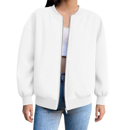 iHPH7 Casual Outerwear Women s Outerwear Womens Varsity Bomber Jacket Fall Fashion Baseball Jacket Baggy Jacket Zip-up Sweatshirts for Women White 3XL