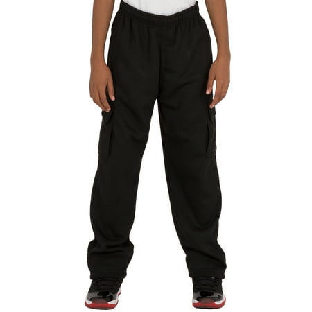 vibes pro active boy's black cvc fleece cargo pull on pants open bottom