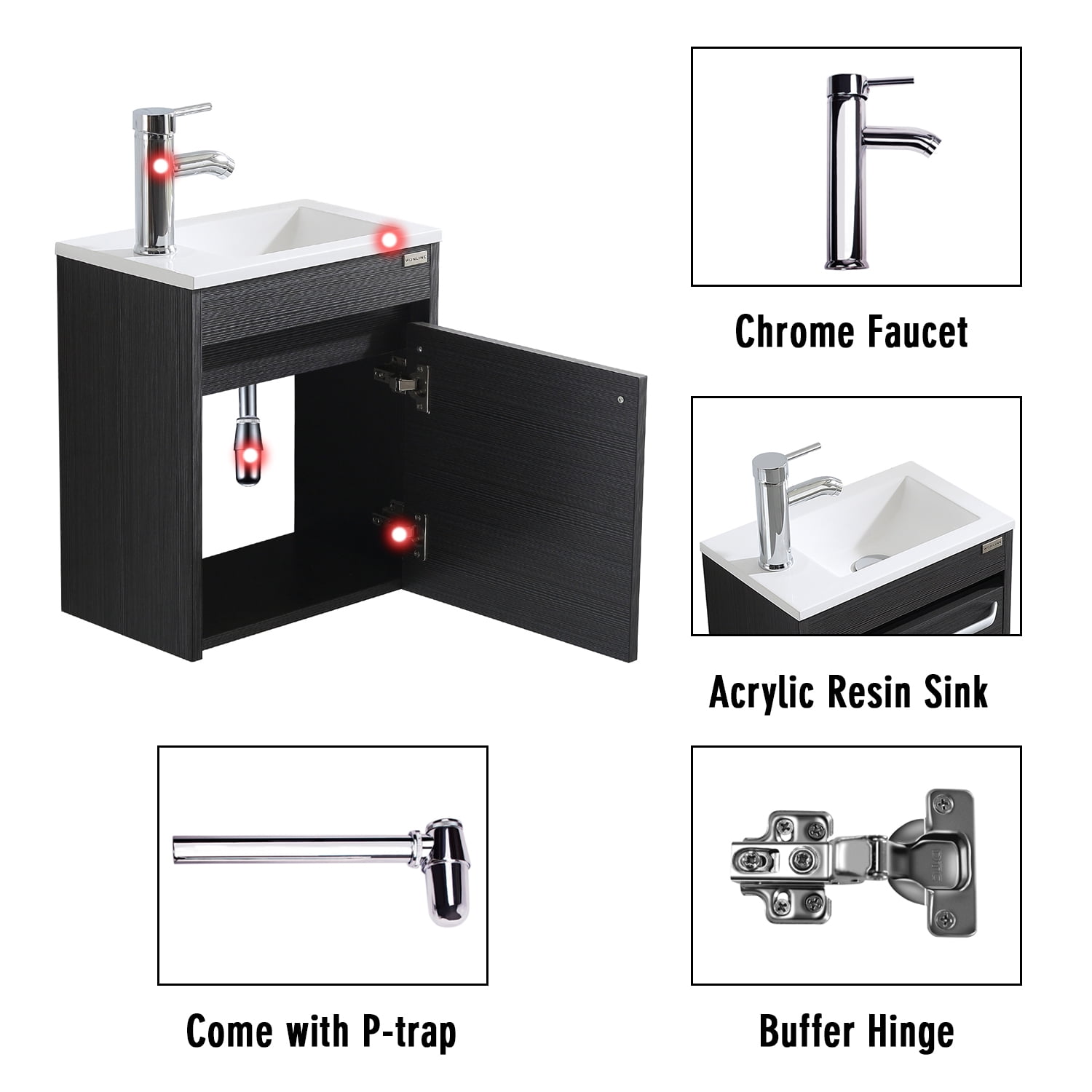 Wonline 16" Floating Bathroom Vanity Wall Mounted Black Vanity for Small Bathroom Single Cabinet Resin Basin Faucet Black