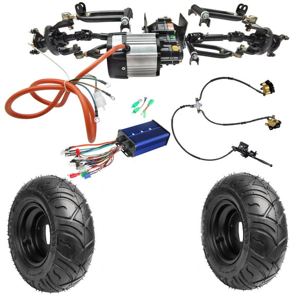 Front Axle Kit 4 Wheel Drive Half Axle Assembly Shock Swingarm Tie Rod & 72V 1500W Differential Motor Controller Brake & 13x5.00-6 Wheels Tires for Electric Go Kart ATV Quad Buggy Golf Cart