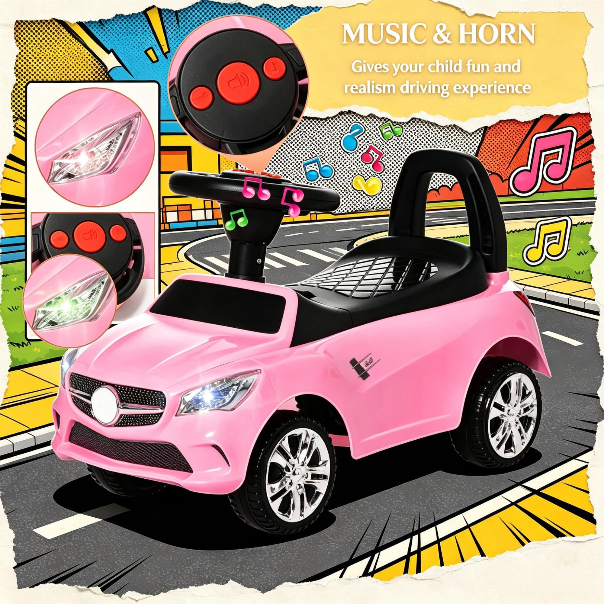 Toddler Foot-to-Floor Ride-On Push Car: Kids Sliding Walking Toy with Functional Horn, Music, Headlights & Hidden Storage Space, Pink