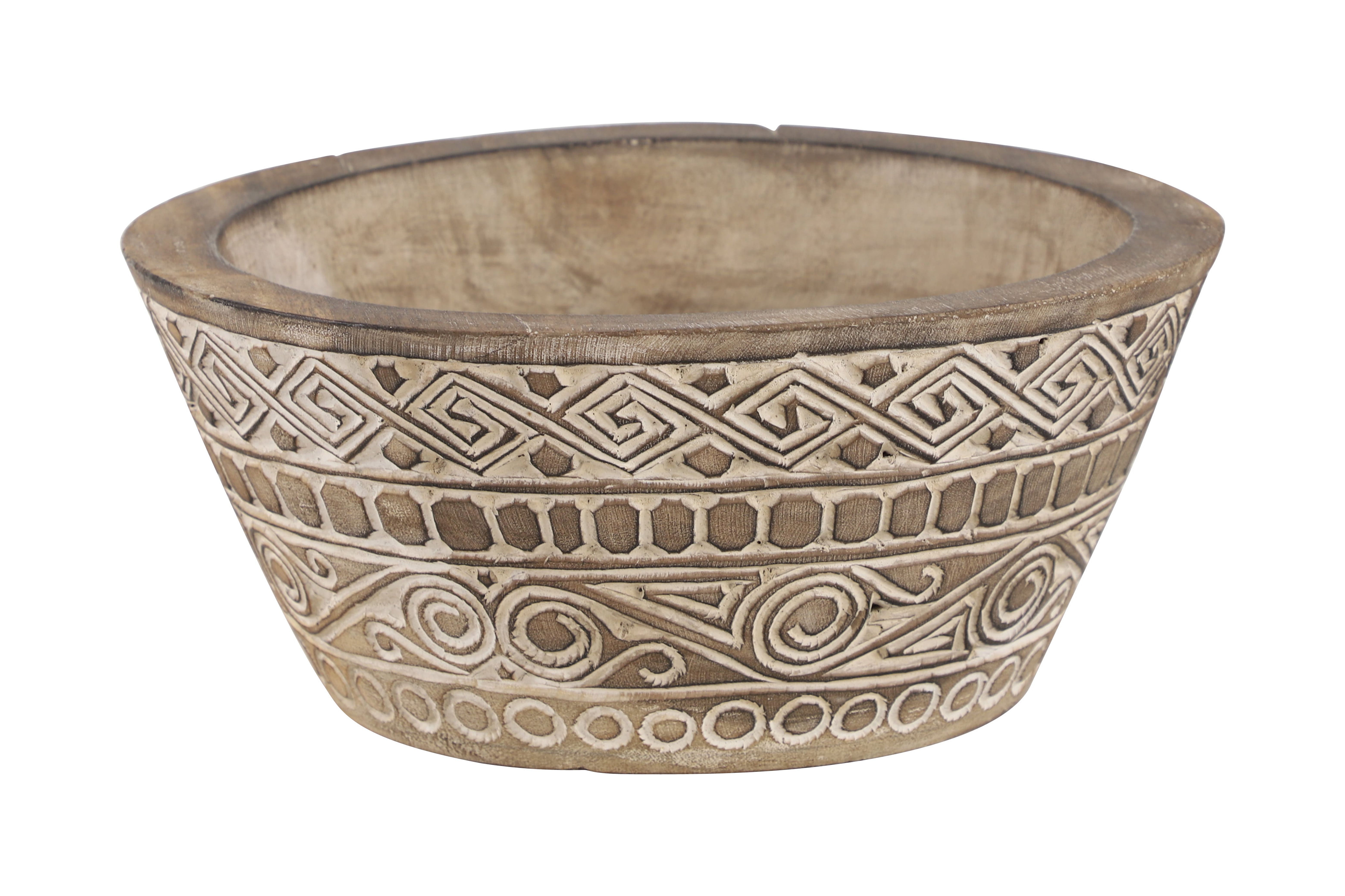 Decmode Large Round Decorative Hand-Carved Brown & White Wood Bowl w/ Tribal Design, 15.5” x 7”
