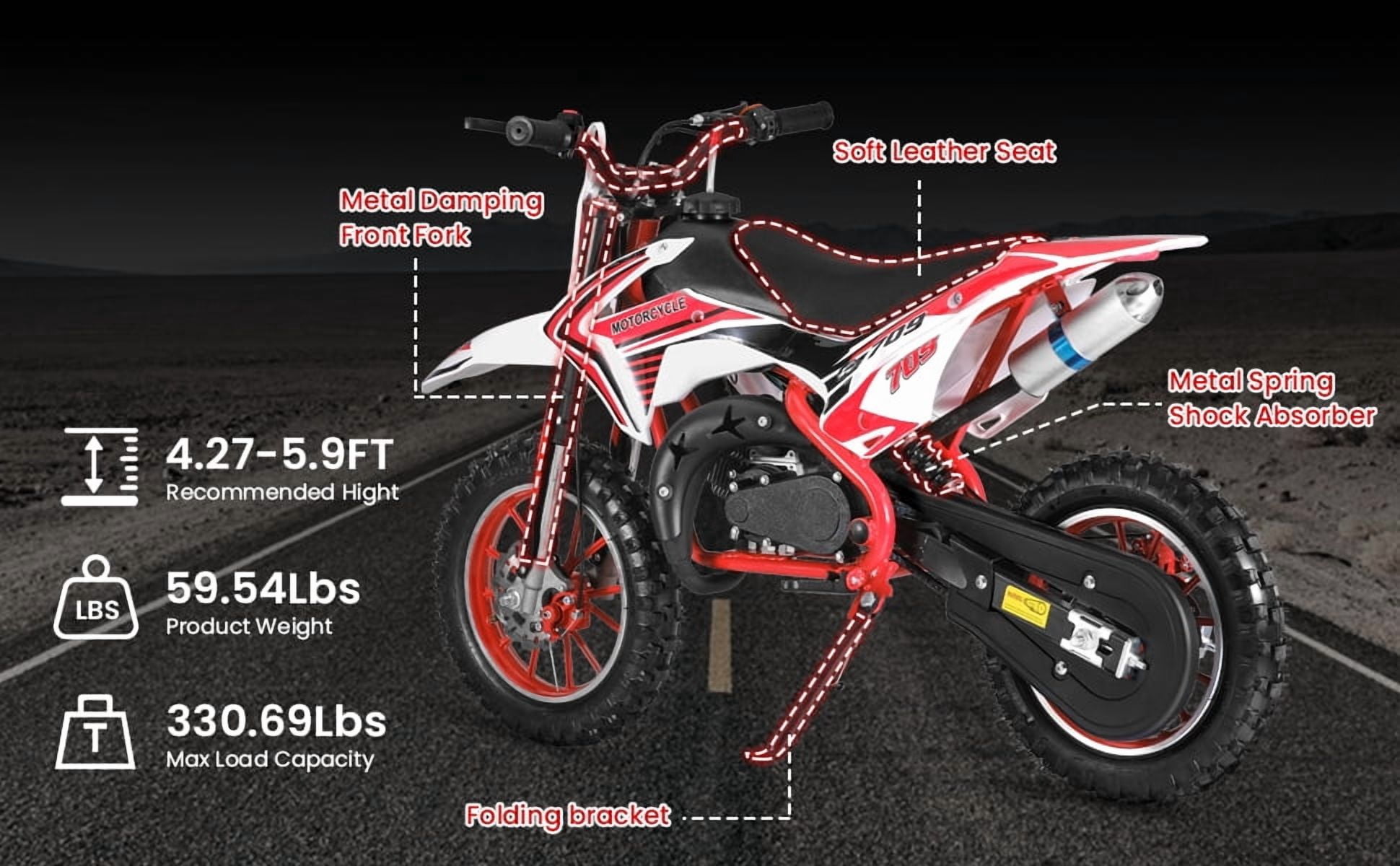 Korogimeeet 49cc 2-Stroke Red Mini Motocross, Gas Powered Off-Road Bike, 10 Inch Anti-Slip Tires, Front Rear Disc Brakes, 30KM/H Max Speed, 1.8L Fuel Tank, 150kg Load, 47 x 28 x 26 Inch