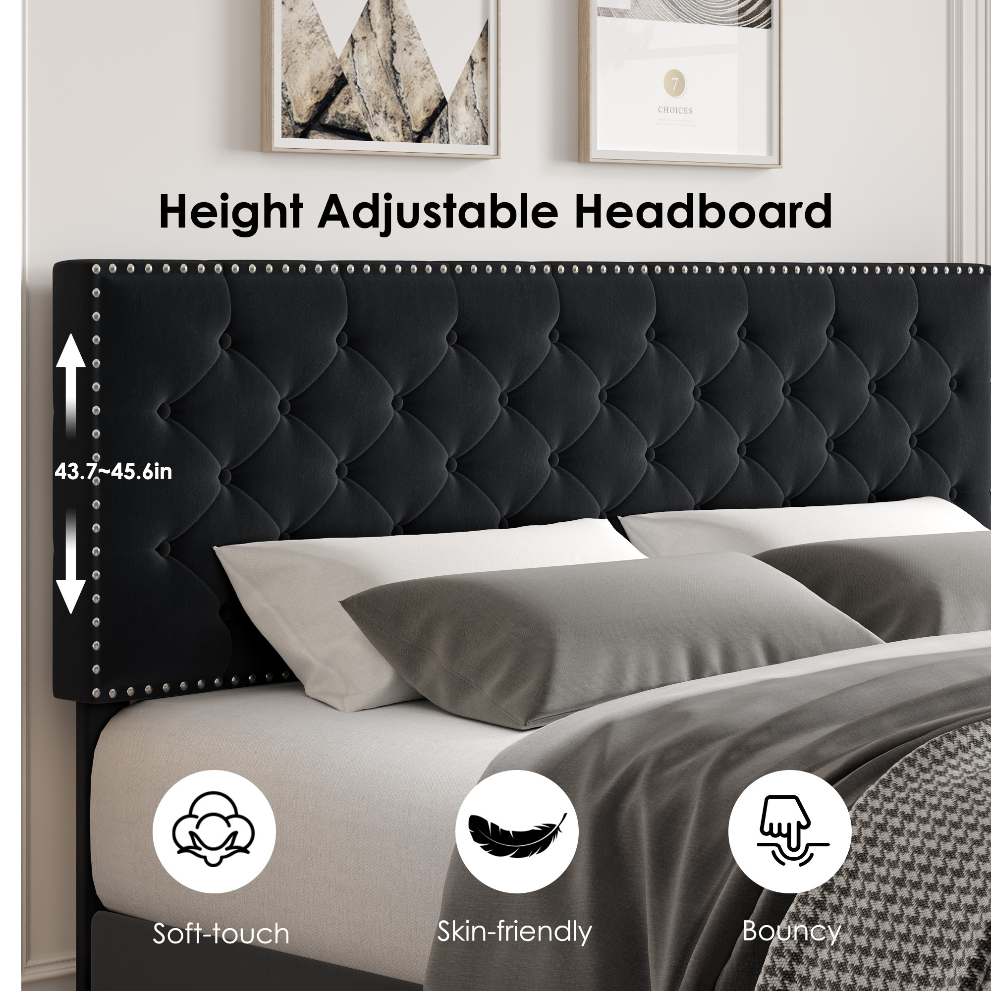 Homfa King Size Bed, Modern Upholstered Platform Bed Frame with Adjustable Headboard for Bedroom, Black - image 7 of 7