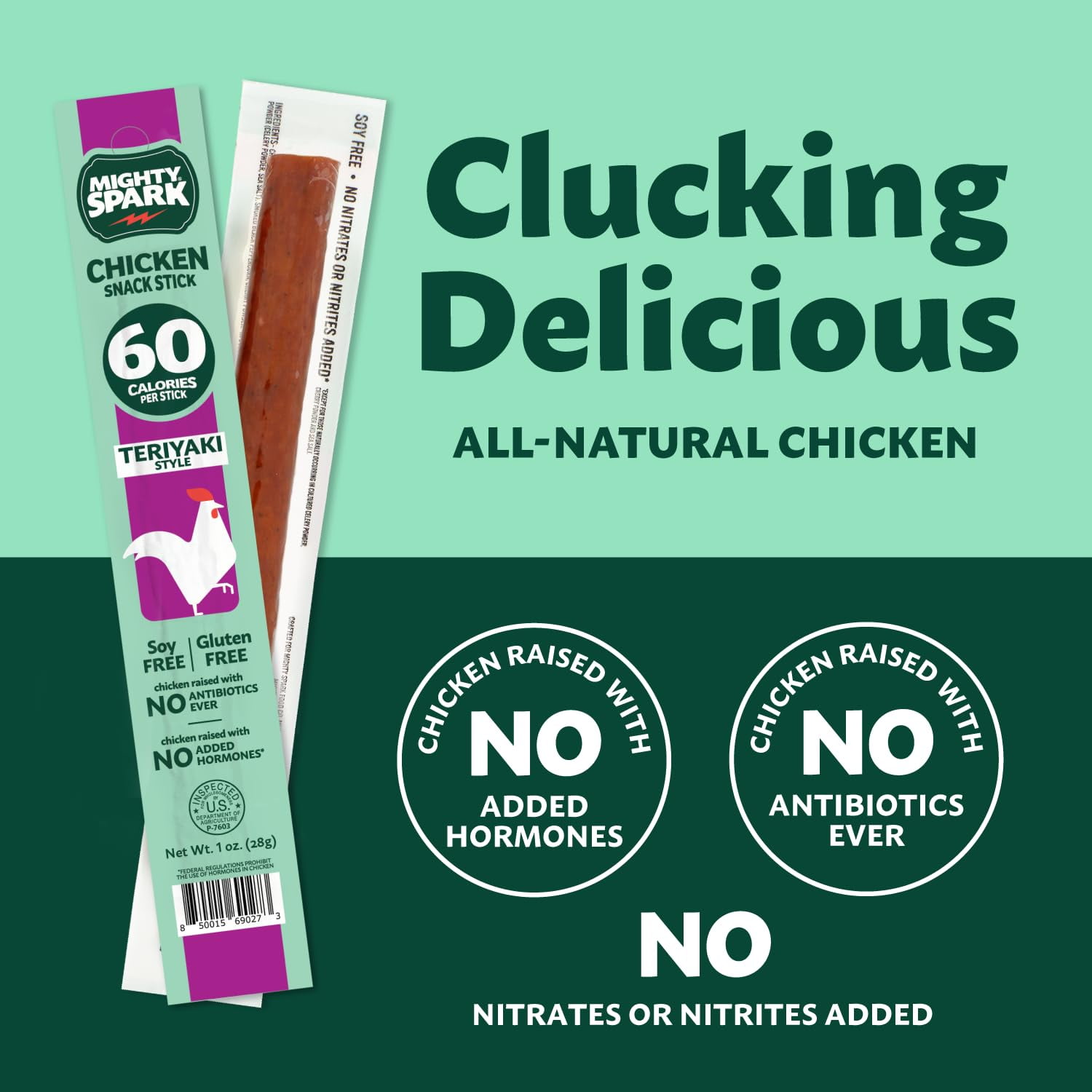Mighty Spark Chicken Sticks Savory Teriyaki - Healthy Snacks for Kids & Adults, Gluten Free, Soy Free, Keto-Friendly, 12 count - Weight Watchers Approved