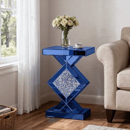 SHYFOY 23" Blue Mirrored Pedestal End Table with Crystal Diamond Inlay, Modern Accent Side Table