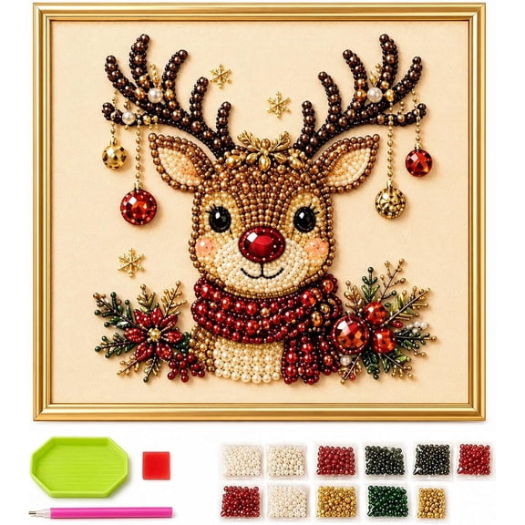 DIY Christmas Pearl Diamond Painting Art Kit with Frame,7.87 X 7.87 IN Christmas Diamond Art, Christmas Ornaments for Adult, Relaxing&Pearl Diamond Painting Hanging Kit for Home Wall Decor,Reindeer