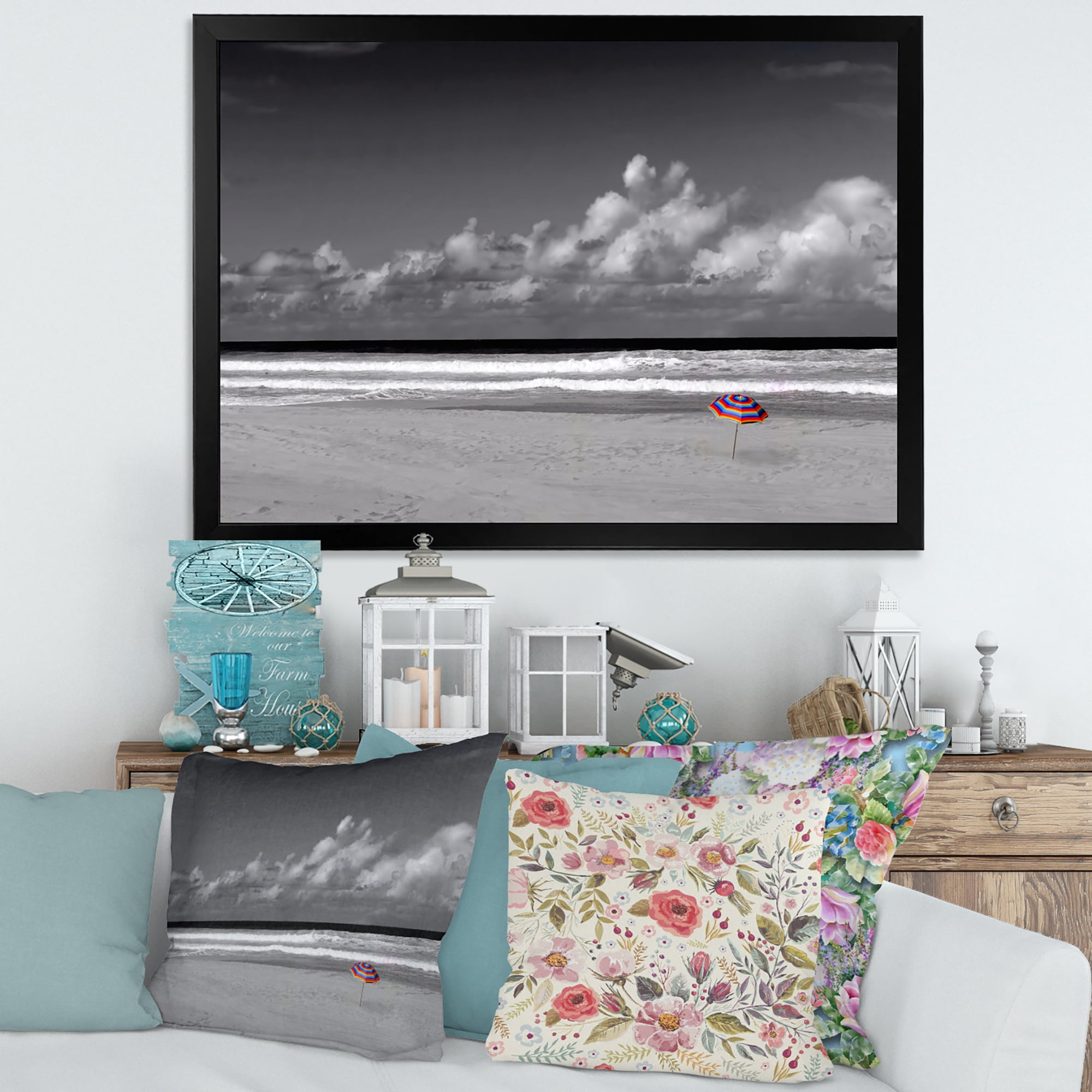 Designart 'Black and White Coastline Under Cloudy Sky' Lake House Framed Art Print