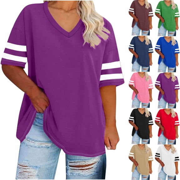 Summer Womens Tops 2025 Oversized V-neck Short Sleeved Solid Summer Base Shirt Sports T-shirt Clearance 50% off!