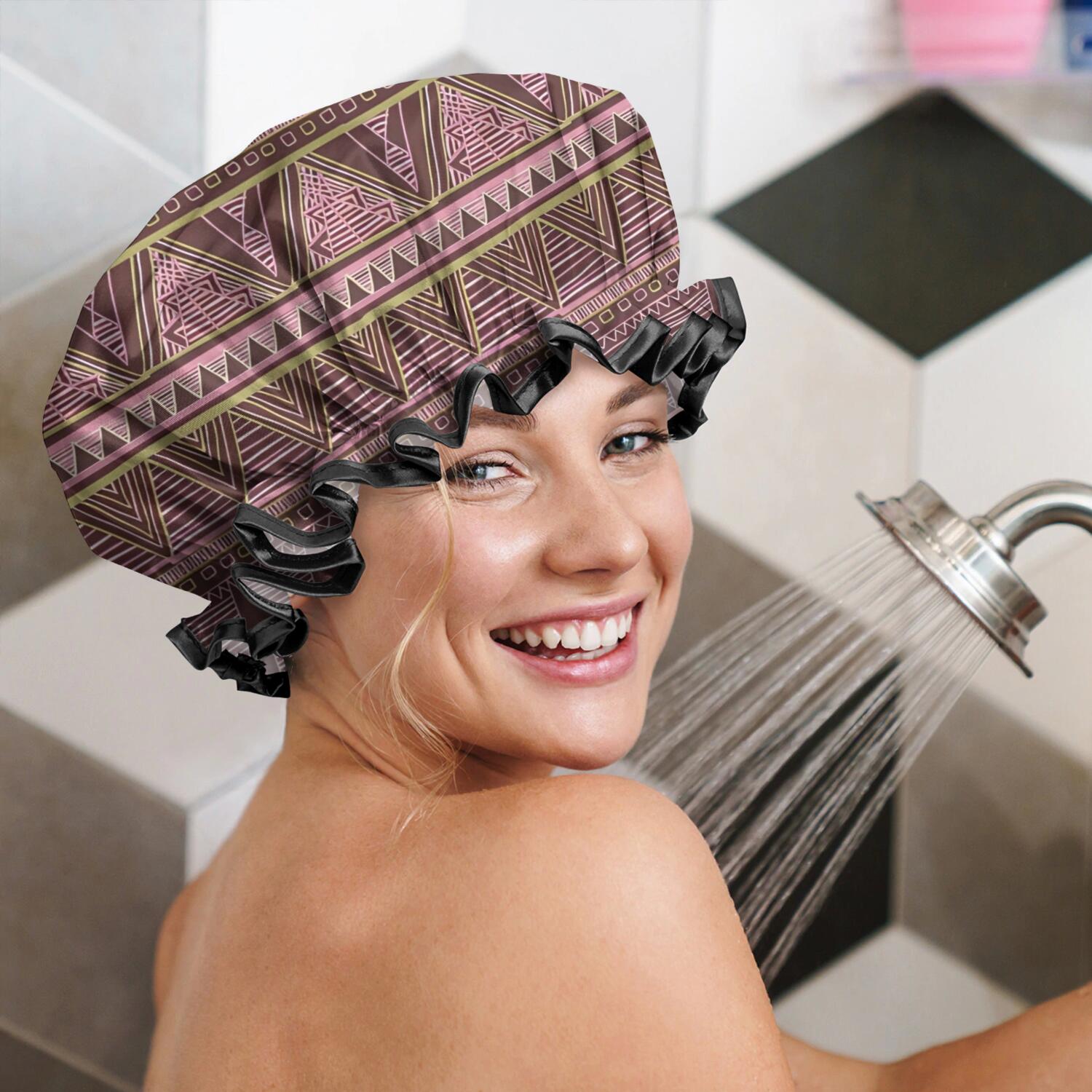 Shower Caps,Brown Geometric Striped Pattern Waterproof Shower Cap for Women 4 Pieces,Double Reusable Hair Cover for Shower PEVA Elastic Stretch Hem