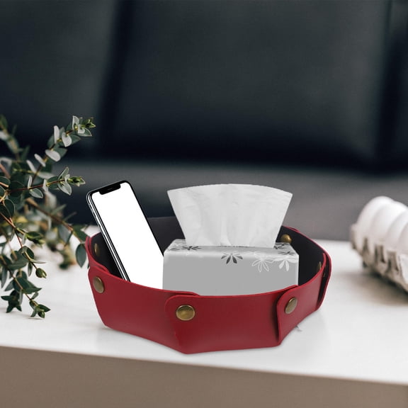 ibasenice Red PU Tray for Entryway Key Storage and Desktop Organization with Foldable Design