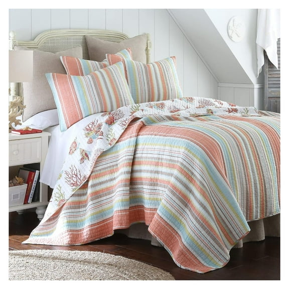 Brighton Coral Twin Cotton Quilt Set Stripe Coastal