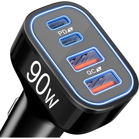 USB C Car Charger, 4-Port 90W Super Fast Car Phone Charger Accessories Dual 45W USB-C & USB-A Cargador Carro Adapter Cigarette Lighter for iPhone 16e 16 15 14 13 12, Samsung S25 S24, Tablet, Android