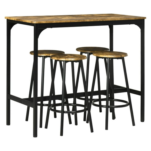 5-Piece Industrial Dining Set, Bar Table and Stools, Metal Frame, High-Top Kitchen Table Set for 4, Pub Dining Room, Rustic Brown & Black