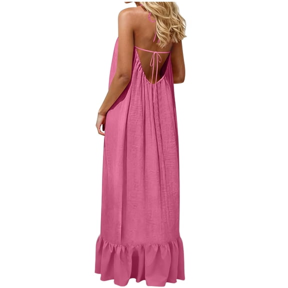Danhjin Women Backless Dresses Casual Flowy Halter Lightweight Long Dresses Ruffle Hem Loose Beach Sun Spring Loungewear Cute Fashion Dress Outfits