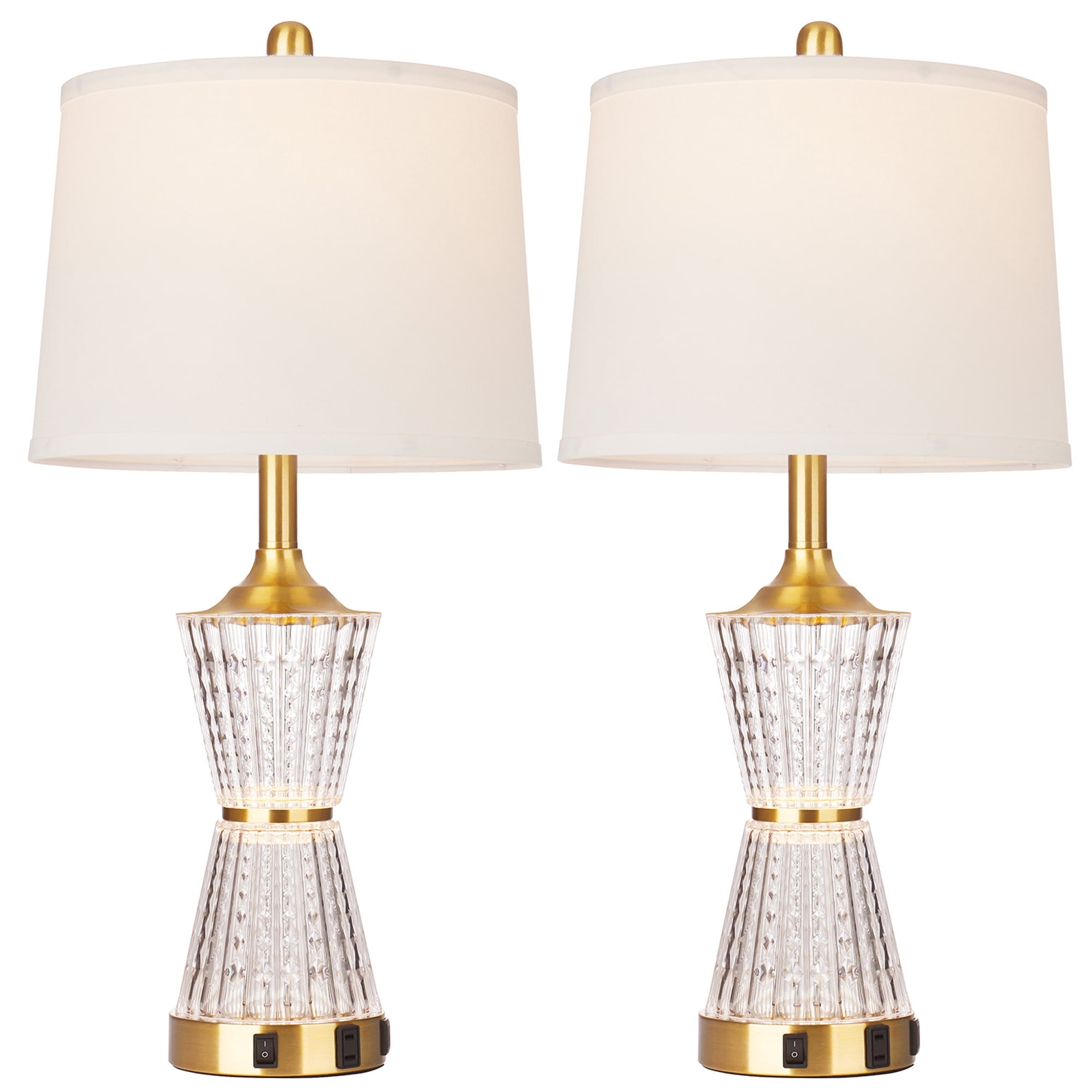 Cinkeda Gold Acrylic Night-light Table Lamp 2in1 with 2 USB Charging Ports An AC Outlet Rotary Switch & Rocker Switch (Set of 2)