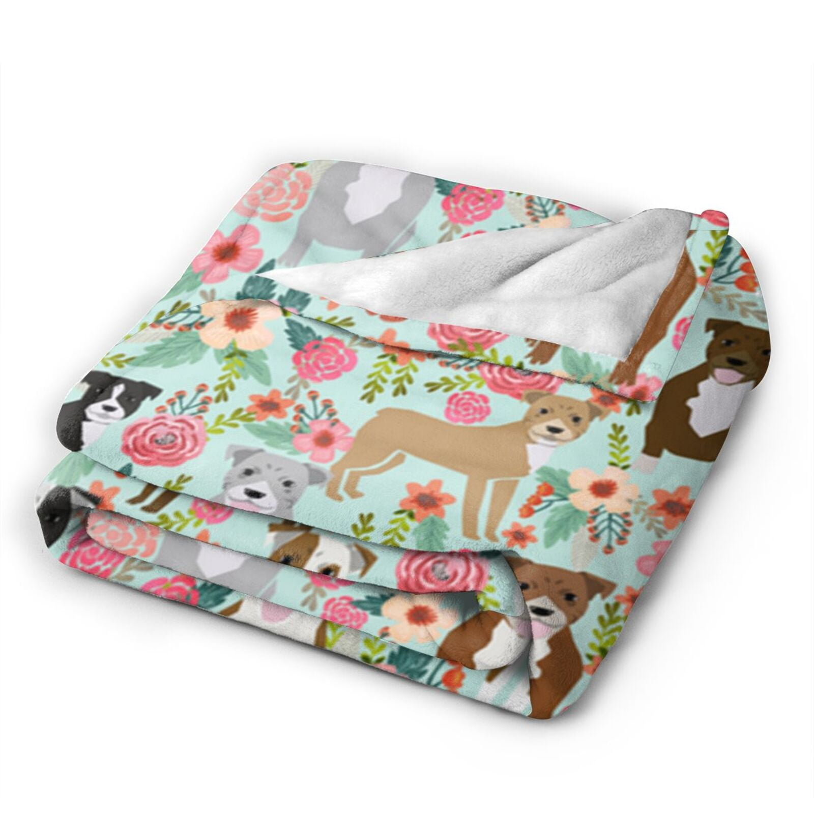 Wijzvio American Pit Bull Terrier Dogs Flower Floral Throw Blanket Soft Fuzzy Fleece Blanket For Couch Bed Living Room Decoration 60"X50"