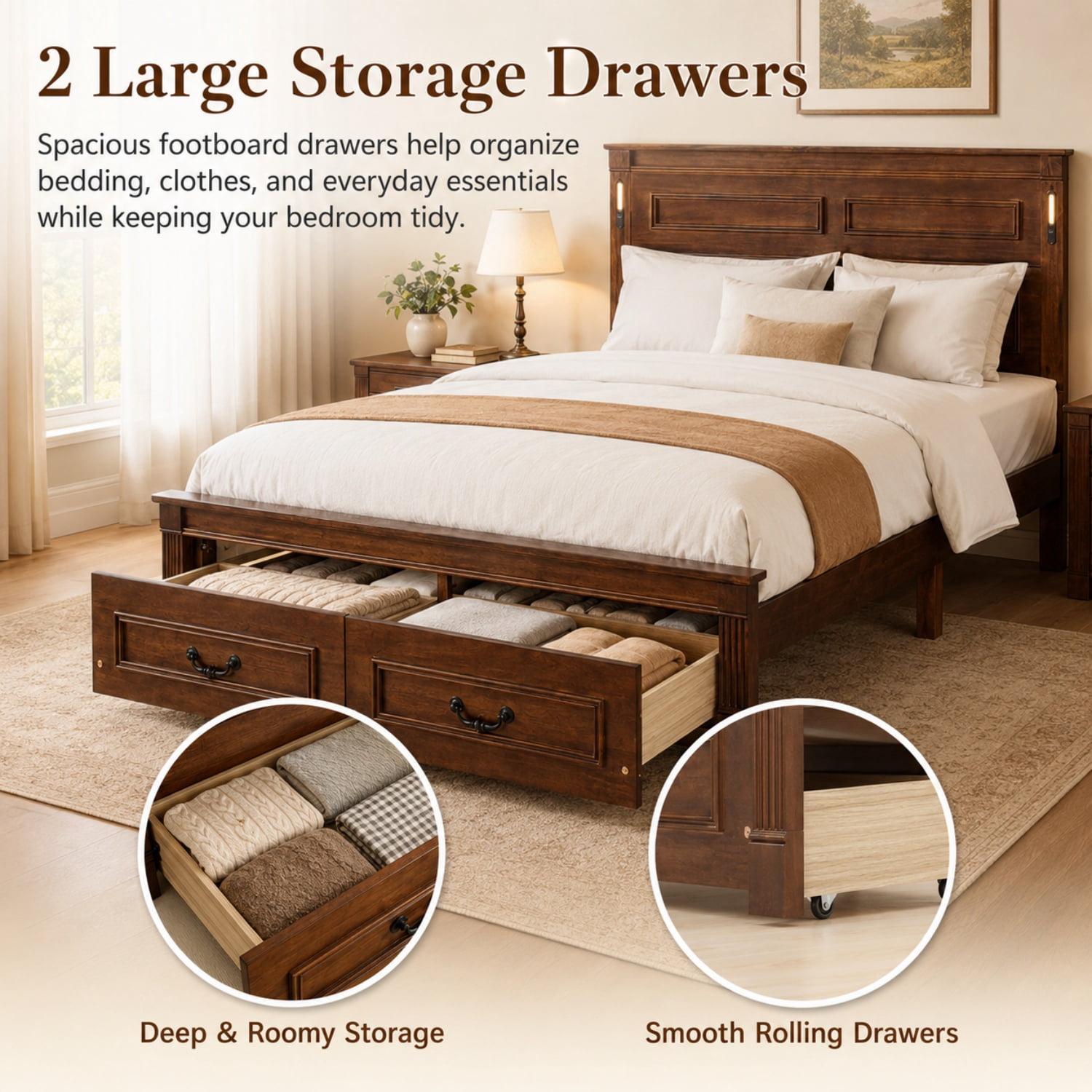Miniyam Queen Farmhouse Storage Bed Frame with LED Headboard, USB & Type-C Charging, 2 Drawers, Walnut