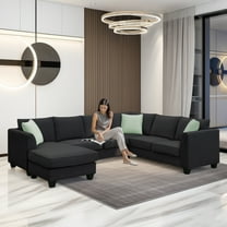 112*87" Sectional Sofa Couches Living Room Sets, 7 Seats Modular Sectional Sofa with Ottoman, L Shape Fabric Sofa Corner Couch Set with 3 Pillows, Black