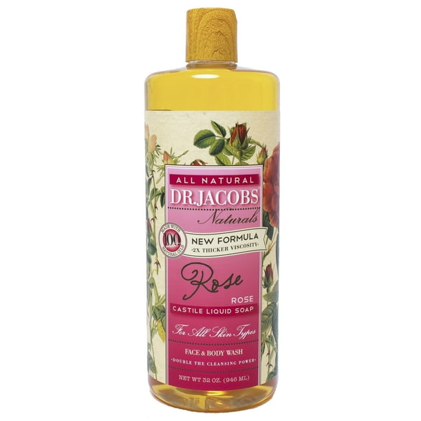 Dr. Jacobs Naturals Pure Castile Liquid Soap Face and Body Wash, Rose ,32 Fl Oz