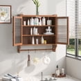 thumbnail image 2 of 24.8" Glass Door Vintage Double Door Wall Cabinet with Three Tiers of Storage, Open Top Shelves and Towel Rack, Retro Wooden Wall-Hanging Cabinet for Bathroom, Kitchen, Dining Room, Brown, 2 of 9